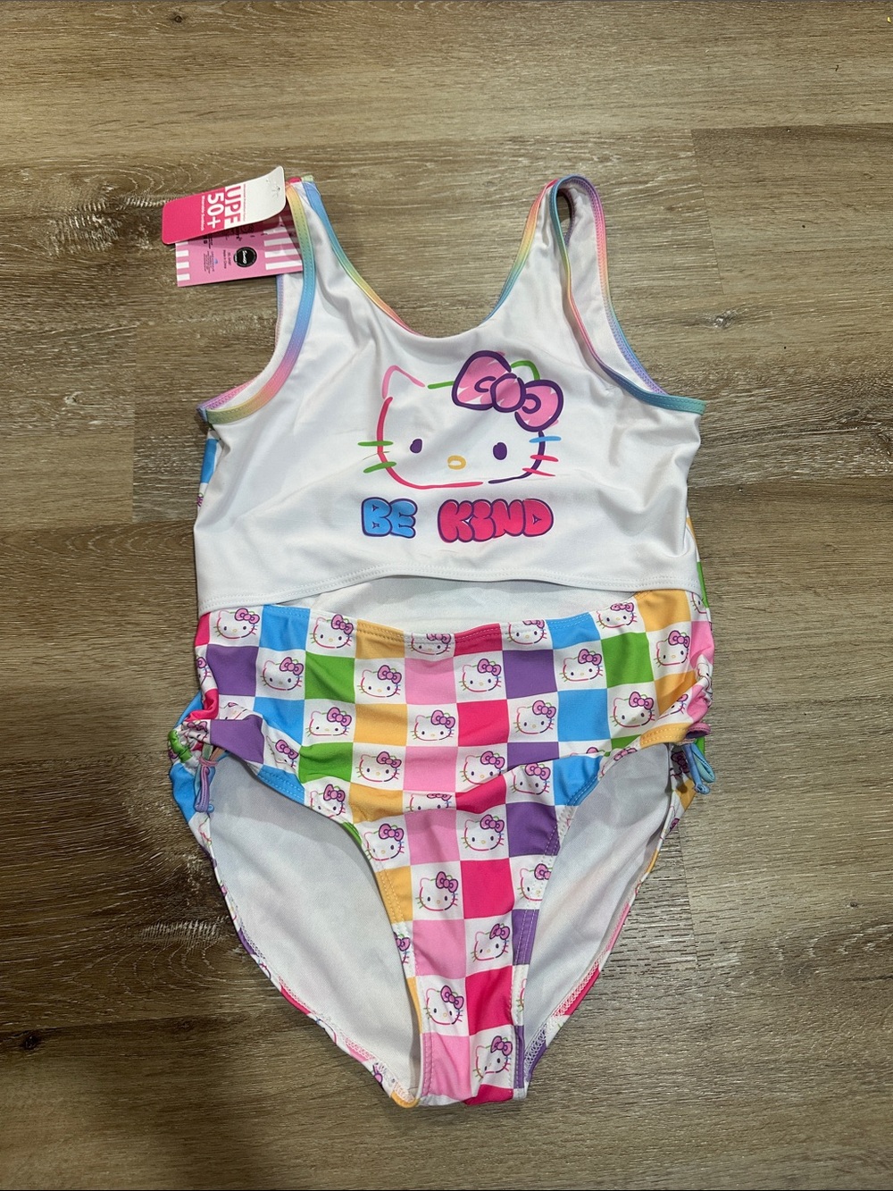 Hello Kitty White One-Piece Swim Suit with Rainbow Check - cutout